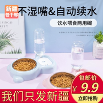 Xinjiang package mail pet stainless steel rice bowl multi-function neck guard with water bottle small dog automatic drinking double Bowl