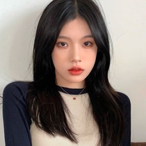 Medium wig female long hair long straight hair eight characters without bangs simulation medium hair natural bald head round face full head cover summer