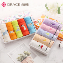 Jie Liya pure cotton childrens towel cartoon face washing household absorbent childrens towel Soft small towel 5 gift box set