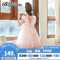 Girls princess dress summer dress 2021 new childrens foreign style dress little girl V-neck lace puff yarn skirt
