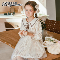 Girls Academy Wind Princess Dresses Dress Spring Dress 2022 New Children Foreign Air Turn Collar Dress Girl Lace Dress Girl Lace Dress