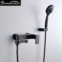 Simple hot and cold hot water black bathtub faucet cylinder side brushed gold lifting rod mixing valve shower set