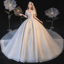 Word shoulder wedding dress 2021 new bridal temperament simple atmosphere French go out yarn cover thick arm tail summer