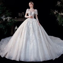 One shoulder main wedding dress 2021 new bride Autumn and Winter high end out yarn size long sleeve tailing luxury palace style