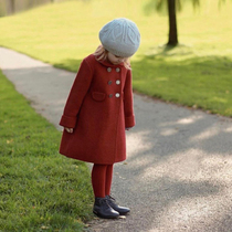 ins explosive girls wool woolen woolen coat long doll collar wine red Christmas New Year festive coat