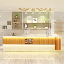 New solid wood paint milk tea sweet shop reception cash register with lamp front desk arc corner water bar marble cake