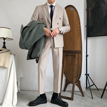 Mens suit set wedding dress Autumn New English style Korean slim double-breasted suit two-piece tide