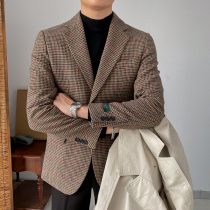 Thousand birds suit jacket mens new self-cultivation British style retro casual small suit plaid wool single West top