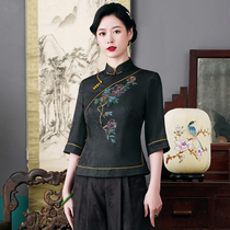 Chinese classic special cabinet hand painted positioning true silk scenary cloud yarn 70% sleeve qipao Tang suit female Chinese wind blouse