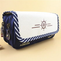 Canvas multi-layer large capacity long pencil bag stationery box bag boys and girls junior high school students creative cute simple solid color can stand children multifunctional Navy personality