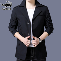 Crocodile autumn long windbreaker mens black high-end Korean version of spring and autumn casual suit collar coat jacket mens clothing