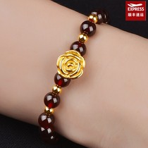 Gold rose bracelet womens 999 pure gold garnet 3D hard gold pearl bracelet bracelet bracelet Passepartout