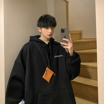 Autumn and winter plus velvet padded hooded sweater mens trend casual loose coat Tide brand Harajuku style large size harbor style jacket