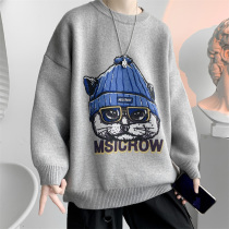 Sweater men autumn and winter lazy wind loose round neck knitwear Korean Tide brand ins trend hip hop cartoon sweater