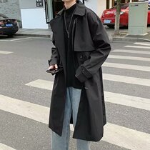 Windbreaker Mens Medium Long Spring and Autumn Korean version of the trend loose black coat high-end casual lace-up handsome jacket