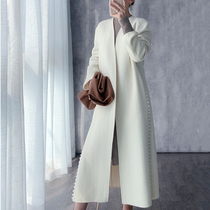 Vatican white double-sided wool coat women 2021 autumn and winter New Lady Hepburn wind long nail bead wool jacket