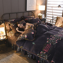 Winter thickened golden mink velvet non-slip mink fox velvet four-piece milk velvet duvet cover double-sided coral velvet flannel bed skirt