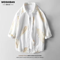 Summer embroidered feather linen three-point sleeve shirt mens personality embroidered fashion loose shirt mens comfortable jacket thin