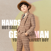 Childrens suit camel color plaid small suit suit suit suit boy dress flower boy dress handsome British piano performance autumn