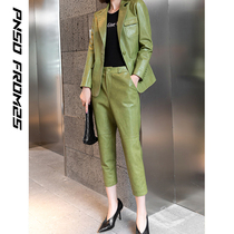 Leather leather women short autumn new Korean casual sheepskin slim leather jacket suit jacket two-piece suit