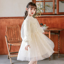 High-end 2022 little girl dress Snow White girls knit sweater long style foreign mesh autumn winter skirt