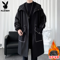 Playboy autumn and winter windbreaker men's long plus velvet coat 2021 new trend English style coat men