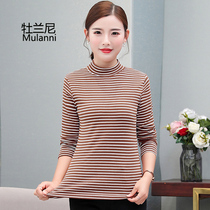 2019 spring and autumn new mother long sleeve striped T-shirt cotton middle-aged womens top semi-high collar base shirt