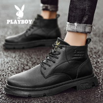 Playboy Martin Boots Men Autumn High English Mens Mid-Gang Leather Boots Black Waterproof Locomotive Boots
