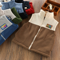 Boy Waistcoat Spring Clothing 2022 CUHK Thickening Collage Rocking Grain Flannel Child Warm Vest Waistcoat outside wearing