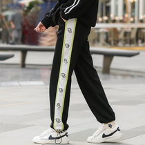 Junior high school students pants girl bunched feet Korean version of loose high school girls spring and autumn straight cartoon embroidered sweatpants