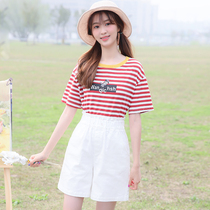 Girl summer dress two-piece College Style 2020 Summer junior high school student suit Korean casual stripe color color T-shirt