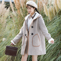 Winter horn buckle woolen coat college style high school girls junior high school students plaid cotton thickened woolen coat