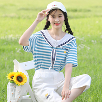 Junior high school student T-shirt Summer Girl Big Boy short sleeve loose high school girl summer dress striped navy style coat thin