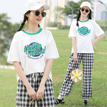 High and junior high school student sports suit Girl Big Boy fashion girl Summer Girl Tian silk wide leg pants summer wear thin