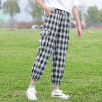 Girl tooling pants summer thin Korean version of loose high school junior high school students tie pants Joker Plaid ankle-length pants