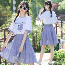 High school student dress suit girl summer dress junior high school girl small skirt fake two-piece Korean version slim