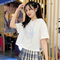 Womens summer short sleeve T-shirt junior high school students high school girls teenagers loose cotton hooded top ins tide