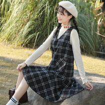 Girls Academy style wool belt skirt autumn and winter plaid vest skirt high school girls junior high school students autumn dress