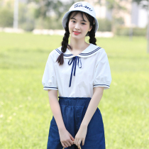 College style white shirt junior high school students short sleeve sweet girl big child summer high school girl Summer coat thin