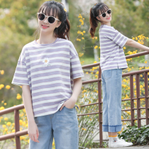 Girls junior high school students summer clothes set high school girls teenagers summer fashion girls stripes short sleeve two-piece set