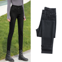 Large size extended version of jeans women plus velvet fat mm plus fat 200 jin thin black little feet pencil pants high waist