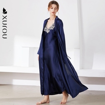 Sleepwear Lady Spring Autumn Ice Silk Bathrobe Gown Lace Long Style Emulation Silk Harness Sleeping Skirt Sexy Two Suits