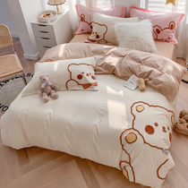 Cute cartoon bear pure cotton washed cotton bed four-piece princess style cotton girl bed sheet three-piece quilt cover