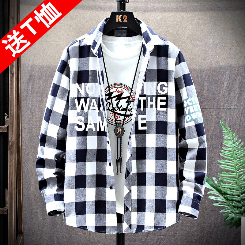 The lad shirt mens long-sleeved spring autumn model 2021 new mens jacket Korean version of the trend with casual loose-fitting shirt