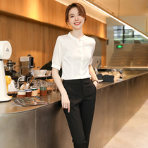 Business wear womens pants white shirt suit summer fashion five-point sleeve stand-up collar top Simple temperament work clothes formal