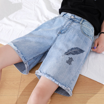 Summer thin large size denim shorts womens high waist thin thick legs five-point pants loose fat sister 5 points a word four points