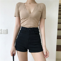  Stretch denim shorts womens summer Hong Kong style net red hips high waist stretch tight-fitting thin bottoming hot pants basic section