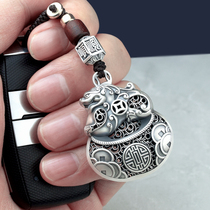 Sterling Silver Cai Fu bag key chain pendant male personality creative high-end hand woven car key ornaments