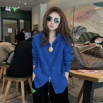 Klein blue sweater jacket womens autumn and winter advanced sense inside 2021 new design sense niche knitted cardigan