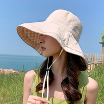 Evidison Free plaid fisherman hat female summer sunscreen sunscreen foldable large-edge sun cap double face